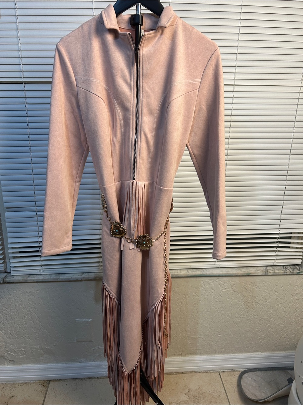 Oyrosy Pink Faux Suede Fringe Western Midi Dress - Size S with Concho Belt